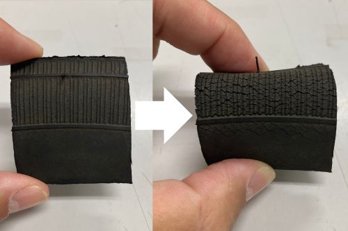 タイヤのカットモデルを使用して、ひび割れの状態をチェックしている
